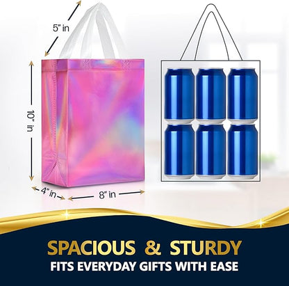 Nush Nush Pink Iridescent Gift Bags Bulk Medium Size – Set of 60 Reusable Holographic Pink Gift Bags Bulk With Handles - For Small Business, Bridal Shower, Birthday Party Favor, Christmas – 8x4x10