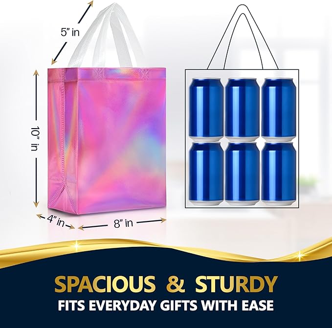 Nush Nush Pink Iridescent Gift Bags Bulk Medium Size – Set of 30 Reusable Holographic Pink Gift Bags Bulk With Handles - For Small Business, Bridal Shower, Birthday Party Favor, Christmas – 8x4x10