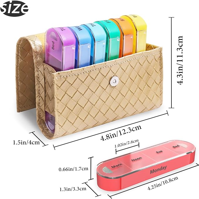 Pill Organizer,LIZIMANDU Weekly Travel Pill Case Box Medication Reminder Daily AM PM, Day Night 7 Compartments,for 4 Times A Day, 7 Days a Week-Includes Leather PU Carrying Case(1-Weave Gold)