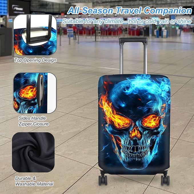 Luggage Cover Protector for 26-28 Inch Suitcases, TSA Approved Elastic Travel Suitcase Covers, Anti-Scratch Washable Luggage Sleeve for Carry On & Checked Bags, Flame Skull