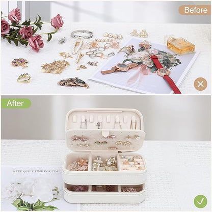 DesignSter Small Travel Jewelry Box with Double Zipper, 2 Layers PU Portable Jewelry Case for Women and Girls,Travel Jewelry Organizer for Rings, Earrings, Necklaces, Bracelets,Beige