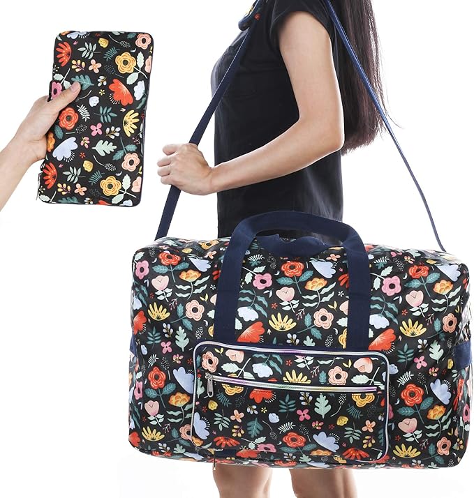 Travel Foldable Waterproof Duffel Bag - Lightweight Carry on Luggage Tote Duffel Bag(Black Floral)