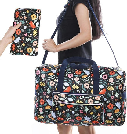 Travel Foldable Waterproof Duffel Bag - Lightweight Carry on Luggage Tote Duffel Bag(Black Floral)