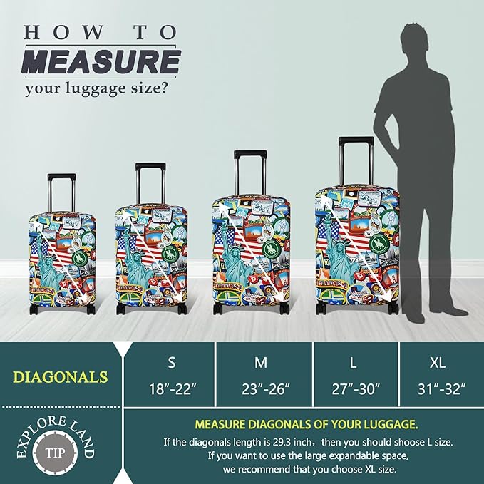 Explore Land Travel Luggage Cover Suitcase Protector Fits 23-26 Inch Case (Statue of Liberty, M)