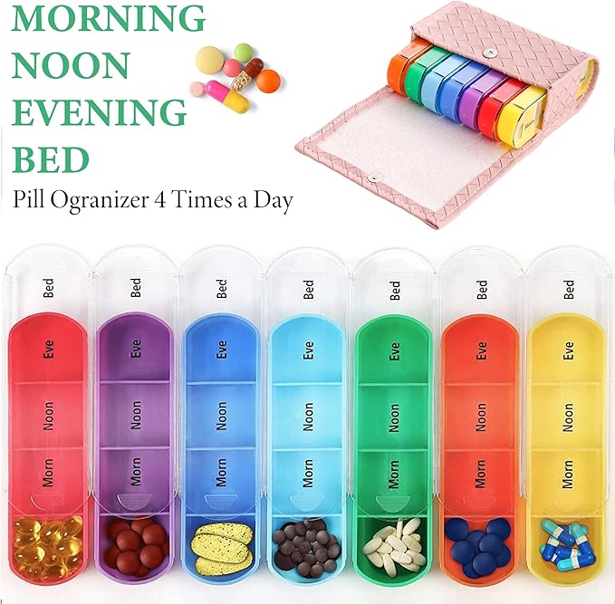 Pill Organizer,LIZIMANDU Weekly Travel Pill Case Box Medication Reminder Daily AM PM, Day Night 7 Compartments,for 4 Times A Day, 7 Days a Week-Includes Leather PU Carrying Case (1-Weave Purple)