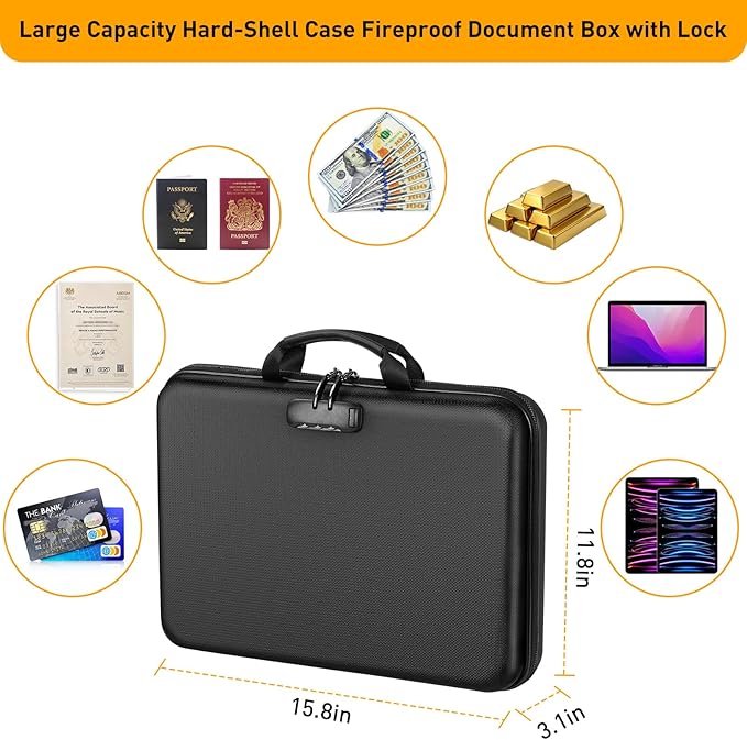 Fireproof Document Organizer with Lock, File Organizer Safe Box Fireproof Waterproof, Hard Shell Fire Proof Document Bag with 13 Pocket Accordion File Folders, Home Storage Office Organization