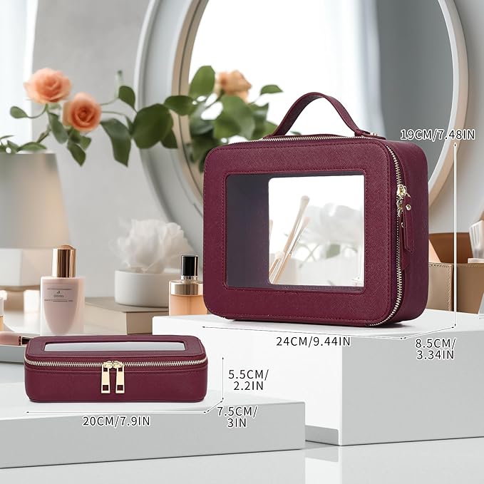 Pinkmik Clear Makeup Bag with Brush Bag 2pcs Waterproof Travel Case for Cosmetics and Toiletries Women's Cosmetic Organizer with Zipper (X/Burgundy, L+SLIM)