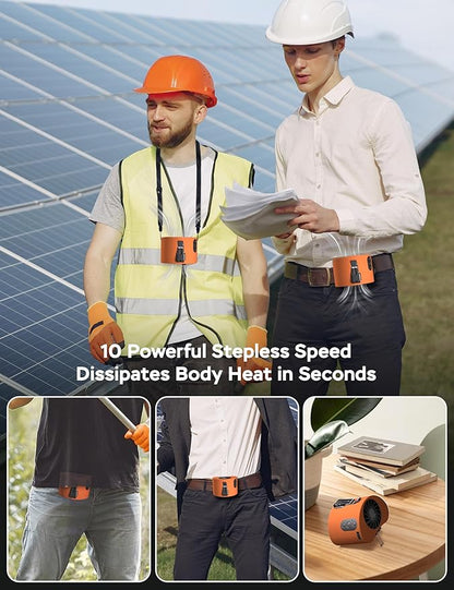 Portable Waist Fan, 10000mAh Battery Operated, Rechargeable Clip On Belt, 10 Speed, 12000RPM Strong Airflow, Max 24H Working Time, Personal Shirt fan for Outdoor Work Jobsite Farms