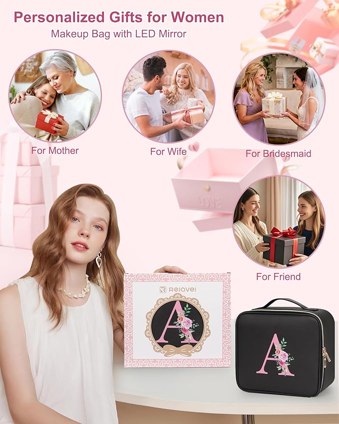 Relavel Initial Makeup Bag with LED Mirror for Women Girls, Personalized Travel Cosmetic Organizer Train Case, Birthday Gifts for Grandkids Bridesmaid Graduation Teacher Friends, Trendy Stuff, Black S