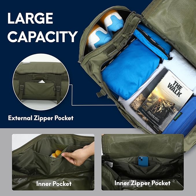 Haimont Large Duffle Backpack Bag for Men Travel, Heavy Duty Duffel Bags with Shoes Compartment for Long Trip, Camping, Water-resistant, 90L, Army Green