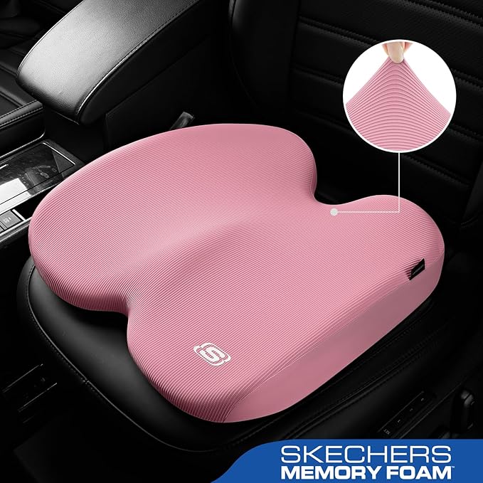Skechers Memory Foam Seat Cushion,Ribbed Fabric Office Chair Cushion for Tailbone Pain Relief,Butt Pillow for Office Chair,Car Seat Cushion,Long Sitting Office Workers,and Car Drivers,Pink
