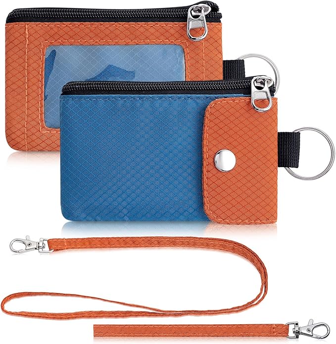 Minimalist Wallet For Mens Womens, Keychain RFID Blocking Zipper Small Wallet with ID Window 2 Lanyards,Water Resistant Travel Cash Card Coin Case Boys Girls