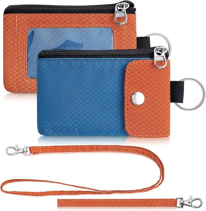 Minimalist Wallet For Mens Womens, Keychain RFID Blocking Zipper Small Wallet with ID Window 2 Lanyards,Water Resistant Travel Cash Card Coin Case Boys Girls