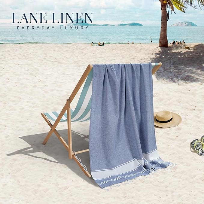 LANE LINEN Beach Towels 4 Pack Oversized - Turkish Towel Set, Pre-Washed Oversized Beach Towel, Quick Dry Beach Towels for Travel, Beach Towel Large, Sand Free Towel,39"x71" - Forever Blue