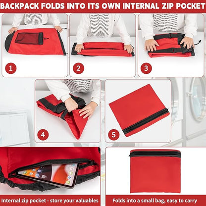 Laundry Bag Backpack with Shoulder Straps and Mesh Pocket Foldable Clothes Hamper Bag with Drawstring Closure for College, Apartment, Laundromat (Red)