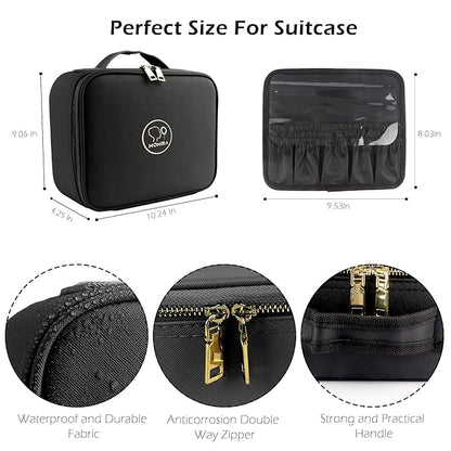 MOMIRA Travel Makeup Bag Cosmetic Bag Makeup Organizer Bag with Lighted Mirror, Adjustable Brightness in 3 Color Scenarios, Waterproof Makeup Train Case, Gift for Women - Black