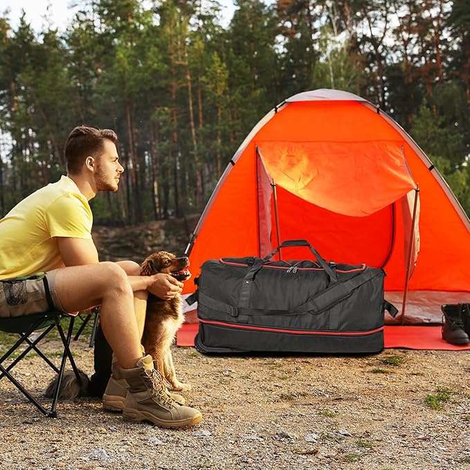 Vomgomfom 32" Soft-Sided Foldable Wheeled Travel Duffel Bag,Expandable 110L to 140L Rolling Cargo Bag with 2 Wheels and Multiple Pockets,Black-red