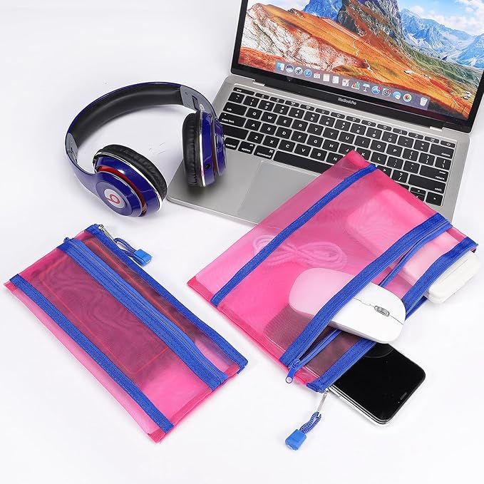 12 Pieces Zipper Nylon Mesh Pouch, Mesh Cosmetic Bags Makeup Bags Pencil Case, Multipurpose Travel Bags for Cosmetic School Office Supplies and Travel Accessories (2 Layers-Hot Pink, A5)