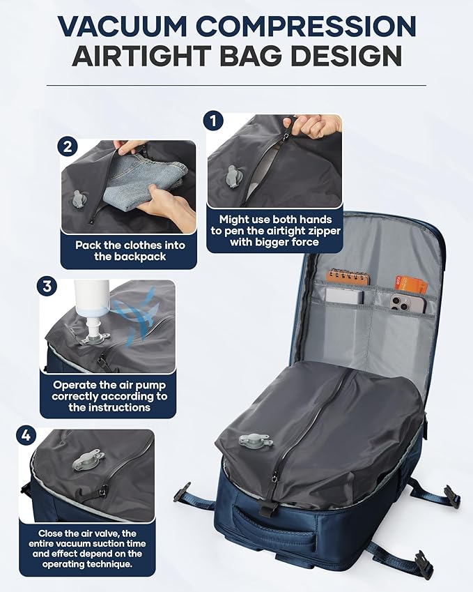 Vacuum Backpack Travel with Pump,Vacuum Seal Bags for Clothing, Shoe Compartment,United Airlines Personal Item Bag 17x10x9,Mochila compresion al vacio,Navy Blue