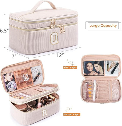 AMOIGEE Initial Makeup Bag Organizer,Personalized Double Layer Train Case, Travel Toiletry Bag for Makeup Brushes for Teens Girl, Skincare Gift Set, Initial Cute Cosmetic Make Up Bag for Women