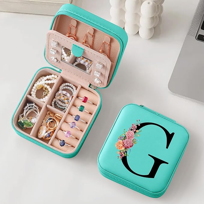 Parima Christmas Stocking Stuffers Gifts Small Jewelry Box Jewelry Case - Jewelry Case Organizer Jewelry Boxes Travel Essentials for Women Birthday Friends Bridesmaids Teenage - Letter G, Blue