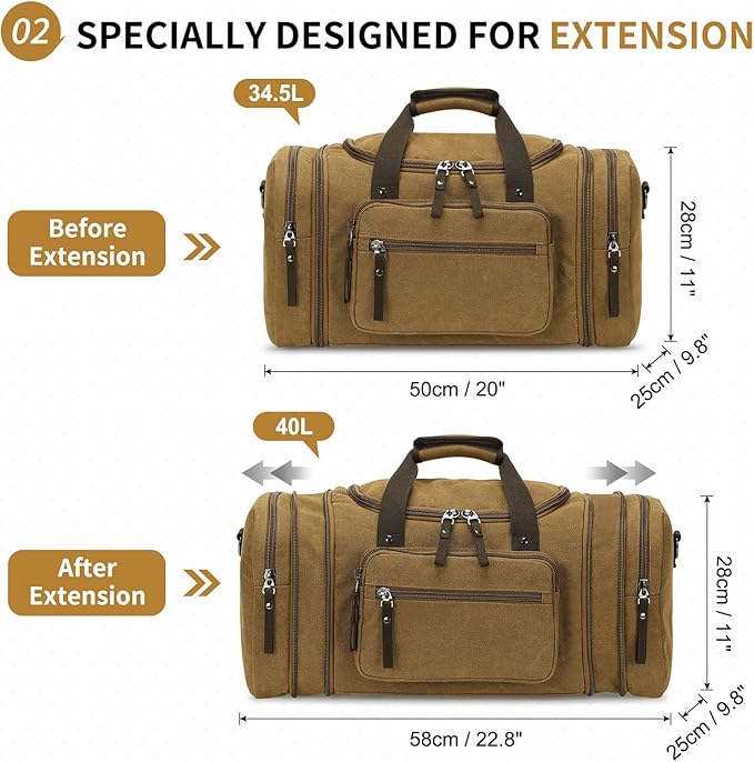 Expandable Canvas Duffel 50cm-58cm, Sturdy Zipper and Reinforced Handles, Lightweight Carry-On Weekender Bag for 3-5 Day Trips, Coffee