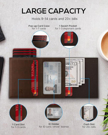 Mens Wallet with AirTag Holder: Smart Wallet Compatible with Apple AirTag, Pop Up Card Case, Top Grain Leather, RFID Blocking, Slim, Minimalist, 9-14 Card Capacity | ID Window | Cash Slot (Brown)