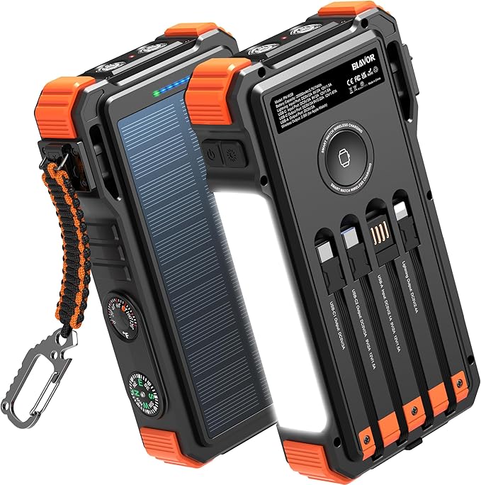 BLAVOR Solar Power Bank 20000mAh Built-in Cables, Wireless Charger for Apple Watch, 20W Fast Charging Battery Pack with USB C, Flashlight, Solar Charger for iPhone, iPad, iWatch, Samsung