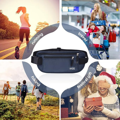 RFID Blocking Money Belt for Men Women, Slim Fanny Pack for Travel，Running,Conceal Waist Wallet for Passport Holder,Phone,Cash(Black Dark Blue)
