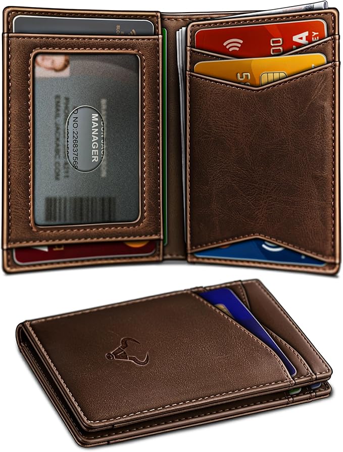 BULLIANT Men Wallet,Top Grain Leather Slim Wallet Magnetic Closure Simplifed Bill Folder RFID Blocking 11Cards