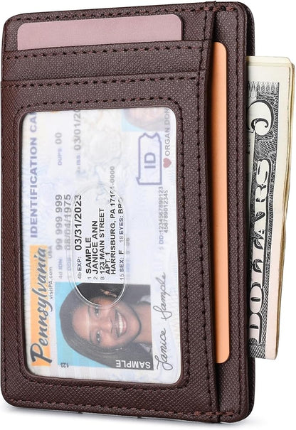 Buffway Slim Minimalist Front Pocket RFID Blocking Leather Wallets for Men and Women - Cross Coffee