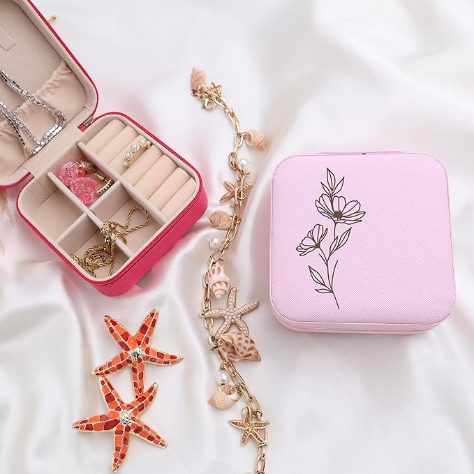 Personalized Leather Jewelry Box with Name and Birth Flower Month - Custom Jewelry Travel Case for Women, Mom, Nana, Children - Custom Name and Birth Flower Month Jewelry Organizer Box (Light Green)