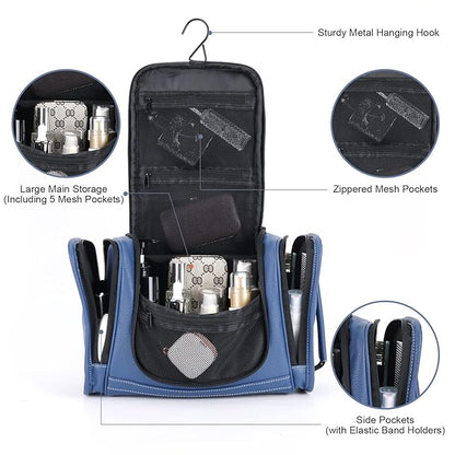 MIRASON Hanging Toiletry Bag for Men PVC Leather Dopp Kit Waterproof Travel Organizer Bag with Sturdy Metal Hook and Handle for Bathroom Shower Cosmetics Camping Brushes Shaving (Blue)