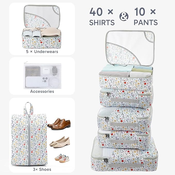 ALL INCLUDED 10 Set Durable Packing Cubes for Suitcases,OlarHike Essentials for Travel,UPGRADED Anti-Tear Stitching, NEW Improved Luggage Packing Organizers for Travel Accessories (Flower)