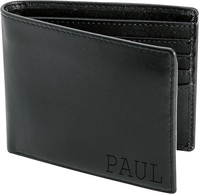 STAY FINE Personalized Wallet for Men, Custom Engraved Leather RFID Blocking Bifold, 2 ID Windows, 8 Card Slots, Gift for Him, Black