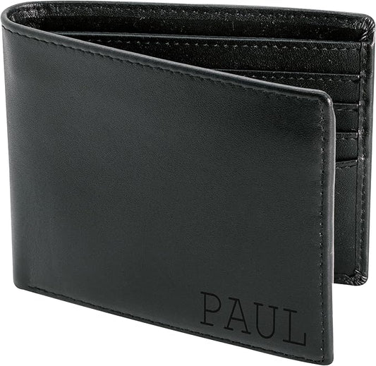 STAY FINE Personalized Wallet for Men, Custom Engraved Leather RFID Blocking Bifold, 2 ID Windows, 8 Card Slots, Gift for Him, Black