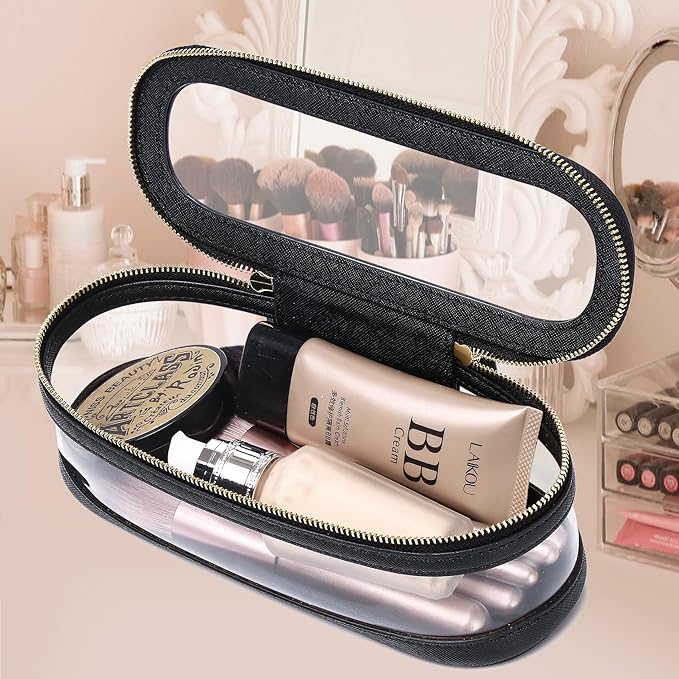 Pinkmik Makeup Brush Case Clear Travel Cosmetic & Toiletry Bag Slim Makeup Bag with Zipper Small Purse Organizer Car Essential Bag for Women (Black, SLIM-2),