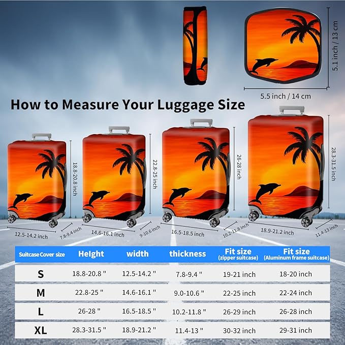 Suitcase Cover for Luggage 18-21 Inch, Washable Elastic Anti-Scratch Luggage Protector, Durable Zipper Baggage Cover with Handle Wrap, Travel Accessories for Suitcase, A Palm Tree and a Dolphin