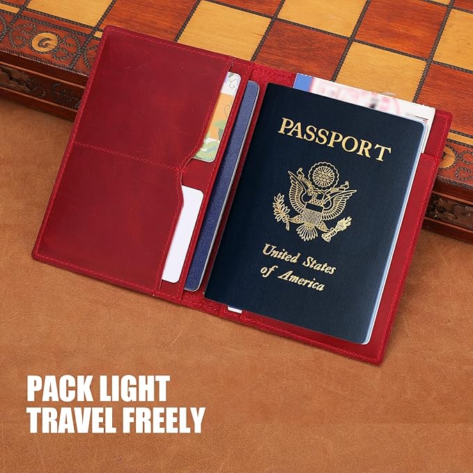 STAR VISTA Albatross Leather Travel Passport Holder, Minimalist Design, Full Grain Leather Case for Women and Men - Slim Passport Wallet, Bifold, RFID Blocking, with AirTag Holder, Crimson Red