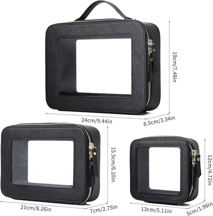 Pinkmik Clear Makeup Bag Waterproof Travel Case for Cosmetics and Toiletries Women's Purse Organizer and Clear Car Bag with Zipper (Black, L+M+MINI)