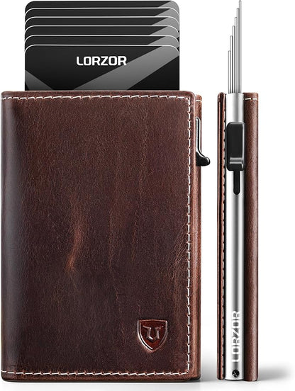 LORZOR Wallet for Men with Metal Card Holder, Pop Up Wallet, Finest Full Grain Leather Trifold Wallet, Smart, Minimalist, RFID Blocking, Front Pocket, ID Window, VintageBrown/Silver