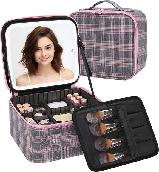 TANTO Makeup Bag With LED Mirror, Travel Makeup Case with Light up Mirror Large Cosmetic Case with 3 Color Lighted Portable Organizer Bag with Adjustable Dividers(Pink/Grey Stripes-Canvas, Small)