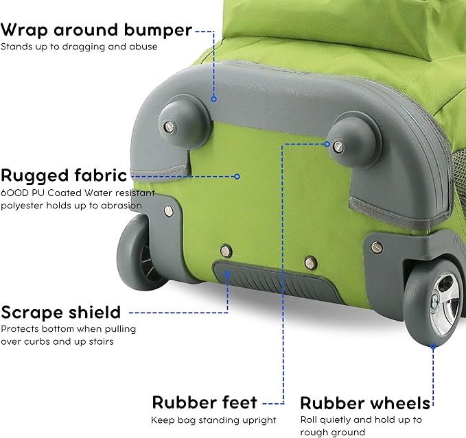 J World Sundance Laptop Rolling Backpack for Girls Boys. Roller Bookbag with Wheels, Celery