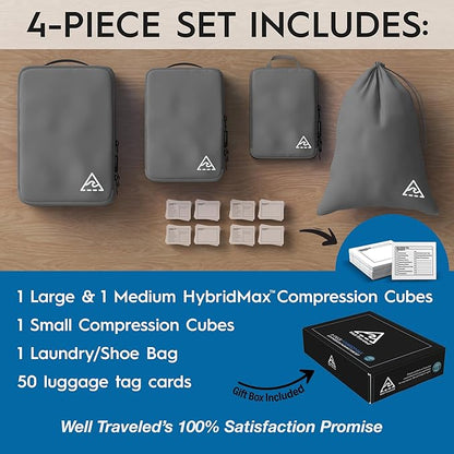 4-Piece Luxury Compression Packing Cubes & Bags for Travel – Maximize Space in Luggage with HybridMax Double-Capacity Design, 50 Luggage Tags, Patented Suitcase Organizer Bags, Lifetime Satisfaction