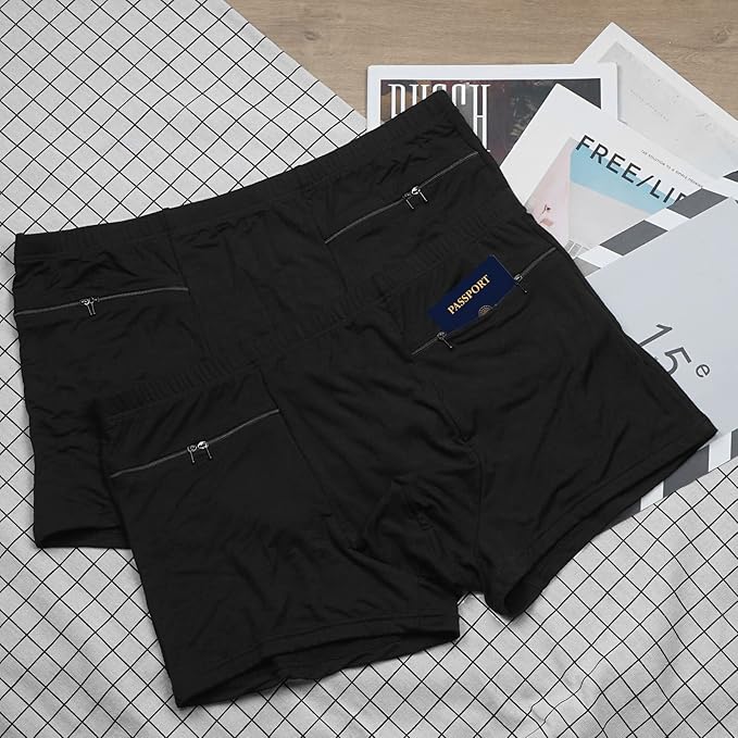 LUEXBOX Pocket Underwear for Men with Secret Hidden Pocket, Travel Boxer Briefs, 4 Packs (Black)