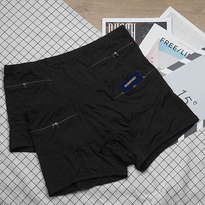 LUEXBOX Pocket Underwear for Men with Secret Hidden Pocket, Travel Boxer Briefs, 4 Packs (Black)