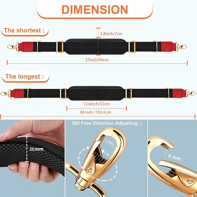ZINZ 60" Universal Bag Strap with Ultra-thick Fixed Breathable Pad Adjustable Heavy-duty Shoulder Strap for Laptop bag Crossbody Luggage Gym Bag Camera Bag and more -Black Red