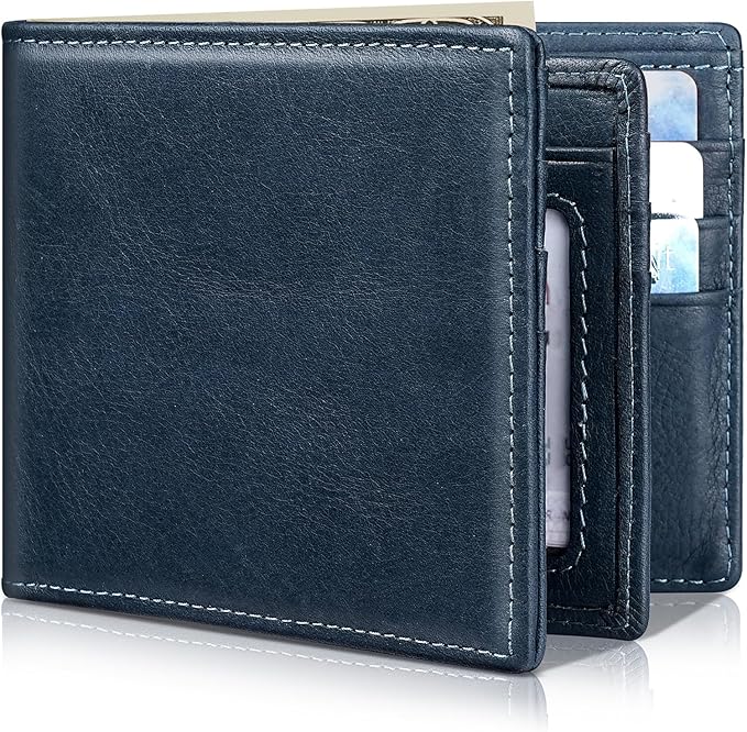 Mens Wallet Bifold Genuine Leather RFID Blocking Wallet for Men with 1 ID Windows 13 Card Holders 2 cash pockets 1 Gift Box