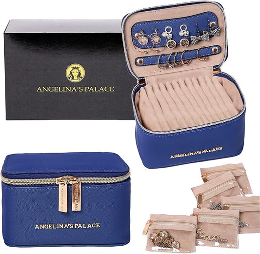 Angelina's Palace Jewelry Organizer Case Bridesmaid Gifts Travel Bag Vegan Leather Box for Necklace Earring Bracelet Ring(dark chambray)