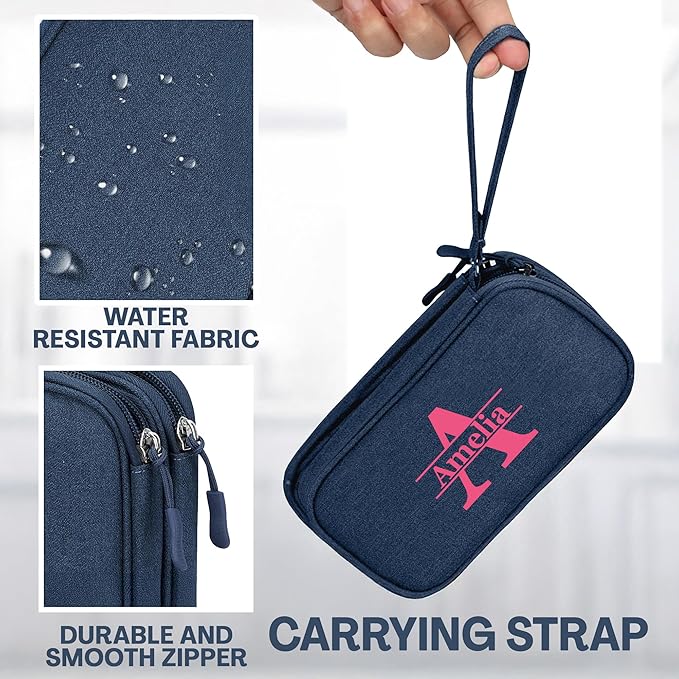 Personalized Electronics Organizer Travel Case Navy – Custom Name Compact Cable Storage Bag for Chargers, Cords, USB Flash Drives, Waterproof Tech Pouch for Travel, Business, Daily Organizer - Navy